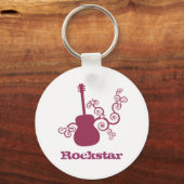 ロックスターギターキーチェーン、明るい赤紫色 キーホルダー (正面)