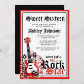 ロックスターギタースウィート16誕生日パーティレッド 招待状 (正面/裏面)