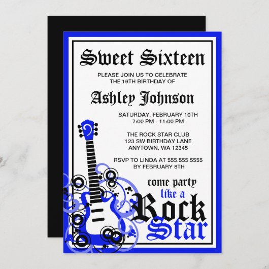 ロックスターギタースウィート16誕生日パーティーブルー 招待状 (正面/裏面)