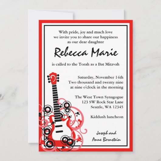 ロックスターギターバルミツワーレッド&ブラック 招待状 (正面)