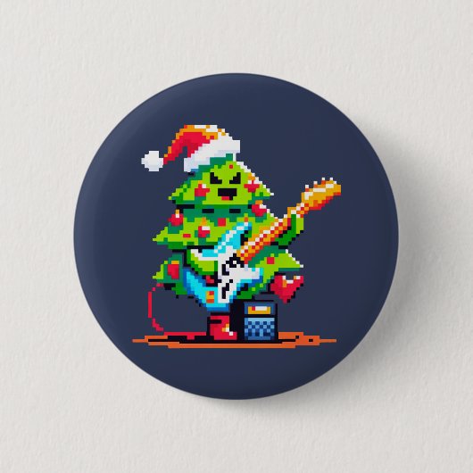 ロックスタークリスマスツリー – Pixel Art Bass Guitar 缶バッジ (正面)