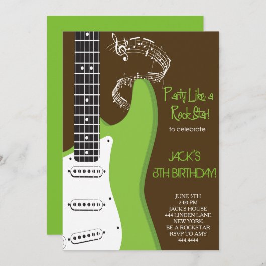 ロックスターグリーンギターバースデーパーティ招待状 招待状 (正面/裏面)