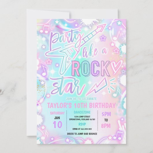 ロックスターダンスミュージック絞り染めネオングロー誕生日 招待状 (正面)
