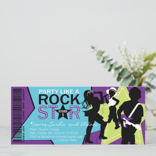 ロックスターバンド誕生日の紫色のライム 招待状 (スタンド正面)