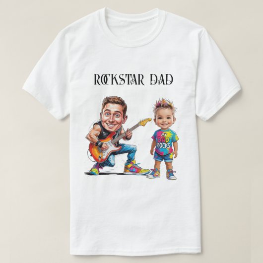 ロックスターパパとギター付き子供のカリカチャー Tシャツ (デザイン正面)