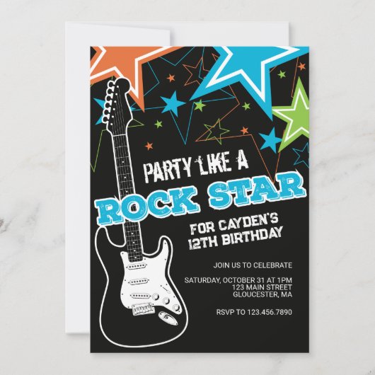 ロックスターブルーオレンジギターの誕生日招待状 招待状 (正面)