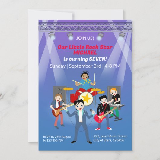 ロックスターボーイズバンド誕生日パーティー 招待状 (正面)
