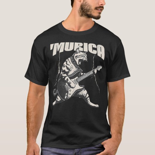 ロックスターミュージシャンネコギター アメリカ国旗柄 Tシャツ (正面)