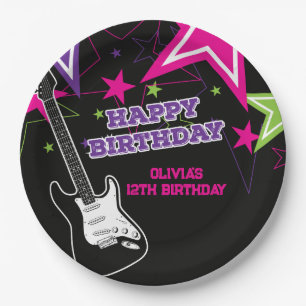 ロックスター誕生日ギタースターズピンクパープル紙 ペーパープレート