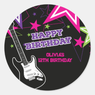 ロックスター誕生日ギタースターズピンクパープル ラウンドシール