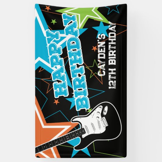 ロックスター誕生日ギタースターズブルーオレンジバナー 横断幕 (縦)