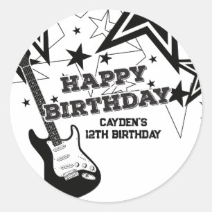 ロックスター誕生日ギター白黒スター ラウンドシール