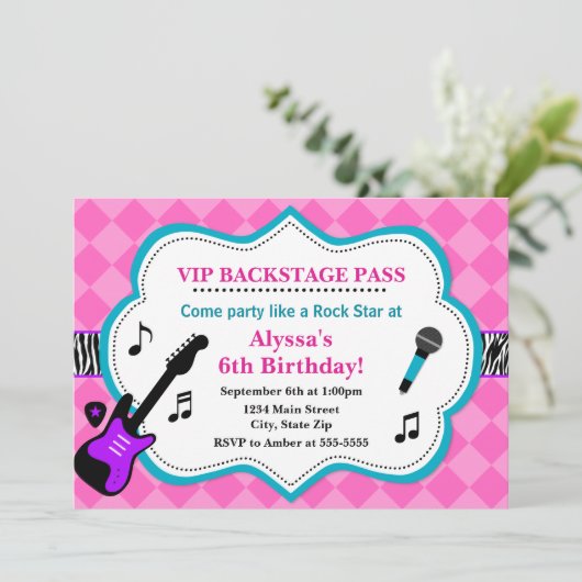 ロックスター誕生日招待状ポップ・アートのスターガール 招待状 (スタンド正面)