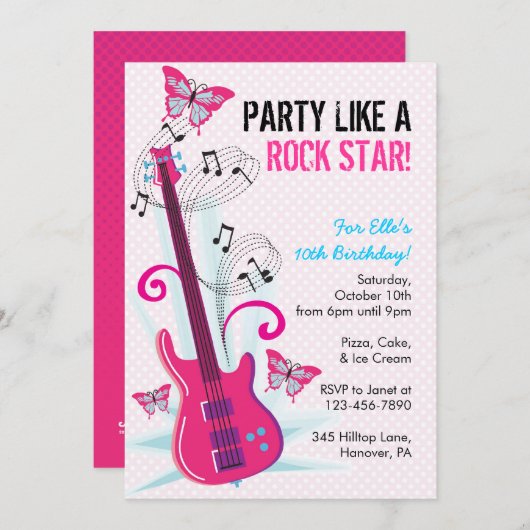 ロックスター、ギターヒーロー、バースデーパーティ招待状 招待状 (正面/裏面)