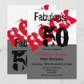 ロックチック 50 & ファビュラス レッド ブラック 50歳の誕生日 招待状 (正面/裏面)