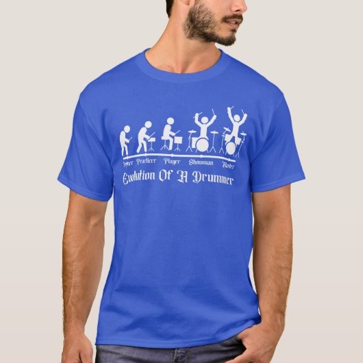 ロックドラマーの進化 ファンに捧ぐ面白い棒人間デザイン Tシャツ (正面)