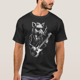 ロックバンドでダブルベースを演奏するイノシシ Tシャツ