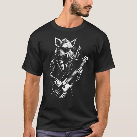 ロックバンドでダブルベースを演奏するイノシシ Tシャツ (正面)