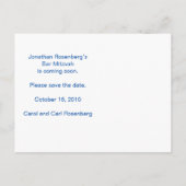 ロックバンドバー（ユダヤ教の）バル・ミツバー日付を保存すべてのタイプ、青 案内ポストカード (裏面)