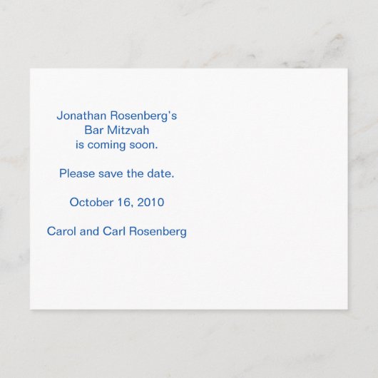 ロックバンドバー(ユダヤ教の)バル・ミツバー日付を保存すべてのタイプ、青 案内ポストカード (裏面)