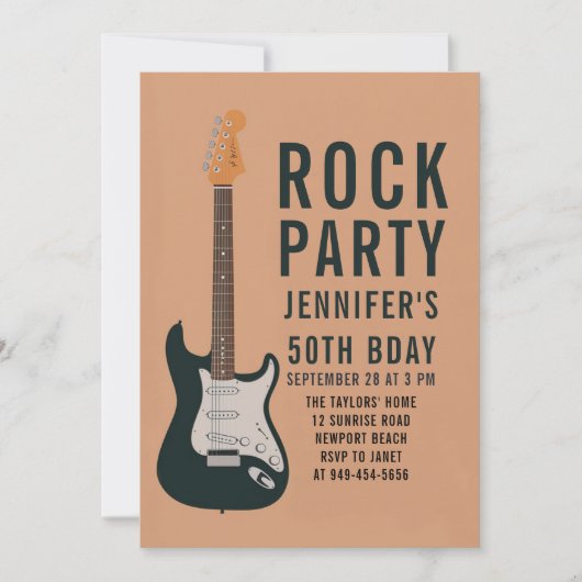 ロックパーティーギターピーチアダルトモダンおもしろい誕生日 招待状 (正面)
