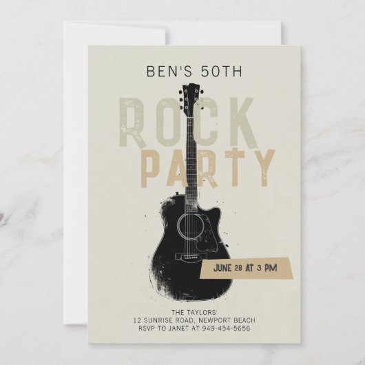 ロックパーティーブラックギターアダルトモダンおもしろい誕生日 招待状 (正面)