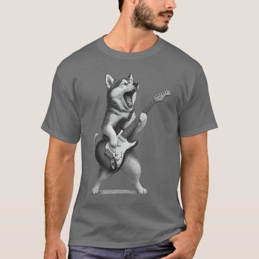 ロックミュージックのギターを弾くハスキー犬 犬好きへのギフト 少年 Tシャツ (正面)