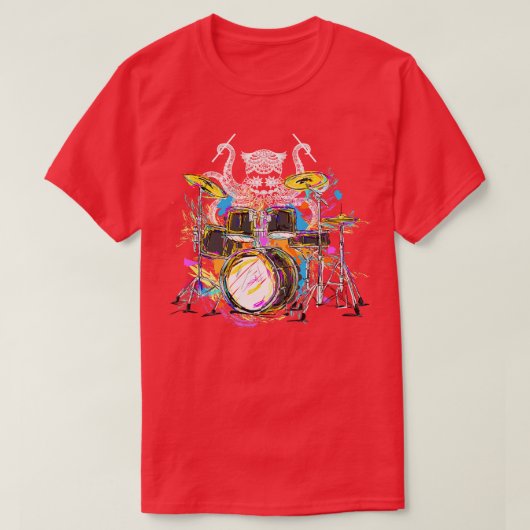 ロックミュージックタコ・ドラマー Tシャツ (デザイン正面)