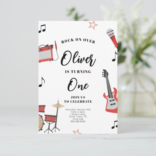 ロックミュージック誕生日招待状ギターとドラム 招待状 (スタンド正面)