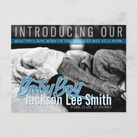 ロックモダン新生児ボーイ写真テンプレートはがき 案内ポストカード (正面)