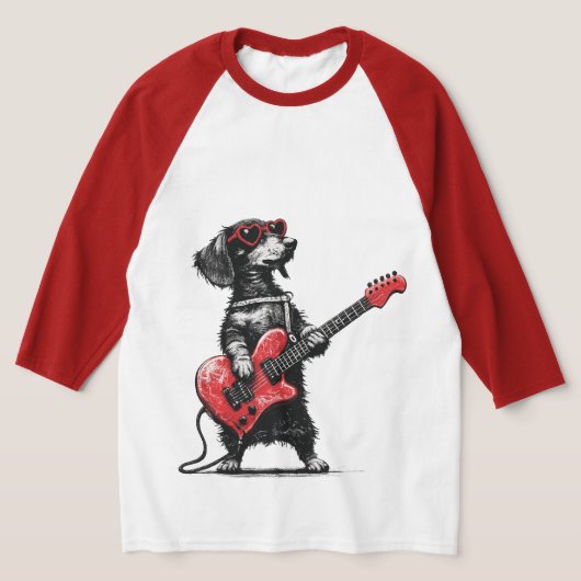 ロックラブドッグ - ハートギターアート Tシャツ (レイダウン)