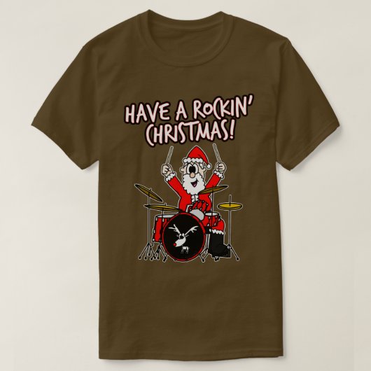 ロックンクリスマスサンタドラムのドラマーを持っている Tシャツ (デザイン正面)