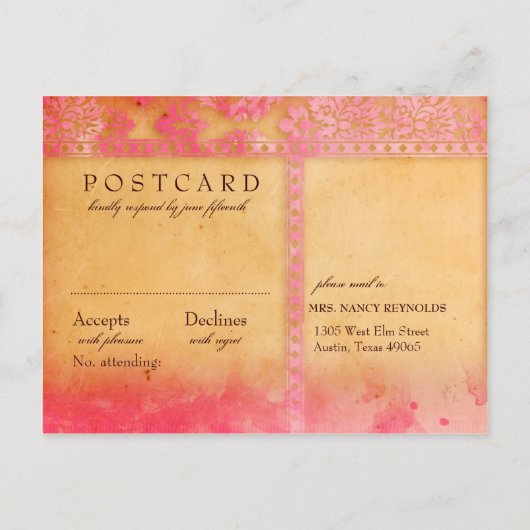ロックンピンクダマスクグランジ結婚式RSVPポストカード インビテーションポストカード (裏面)