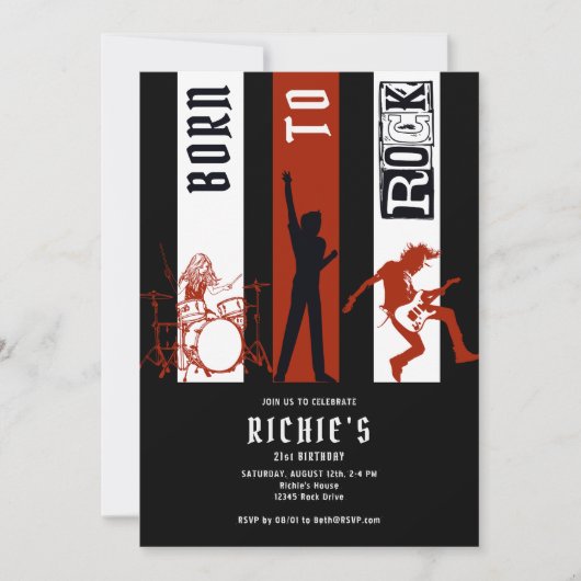 ロックンロールに生まれつき!ロッカー誕生日パーティー 招待状 (正面)