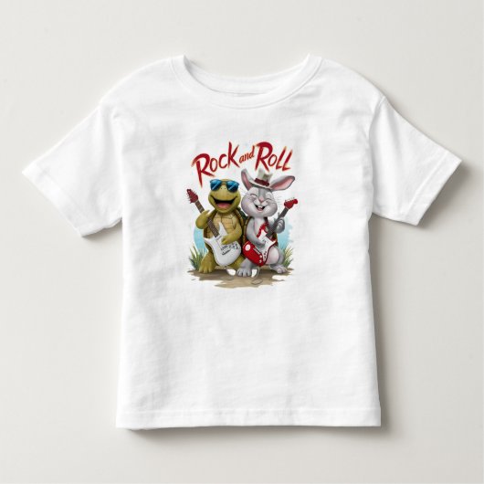 ロックンロールのウサギと亀のジャムセッション トドラーTシャツ (正面)