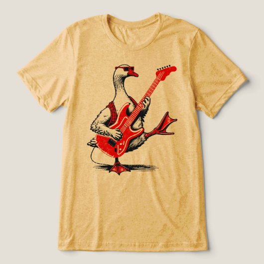 ロックンロールのガチョウが赤いエレキギターを激しく演奏 トライブレンドTシャツ (デザイン正面)