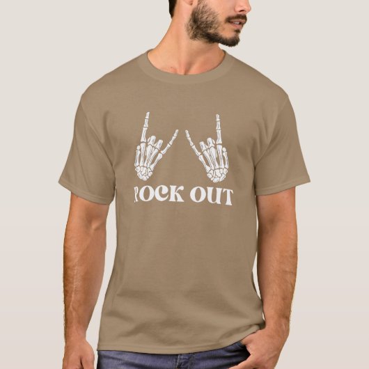 ロックンロールを楽しむ骸骨の手の平和サイン ヴィ Tシャツ (正面)