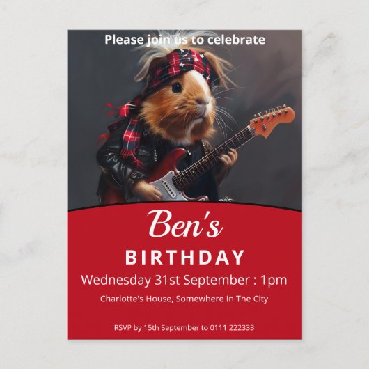 ロックンロールギニア豚の誕生日パーティー インビテーションポストカード (正面)