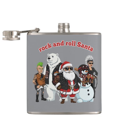 ロックンロールサンタ | 面白いバイカーパンクのクリスマス フラスク (オープン)
