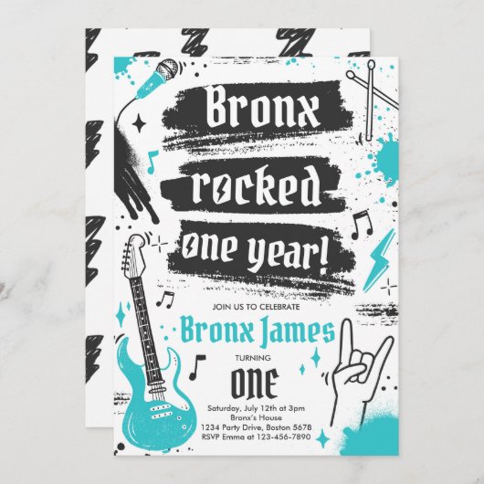 ロックンロールパーティーが1年1歳の誕生日を揺り動かす 招待状 (正面/裏面)