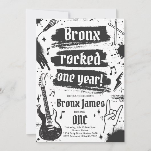 ロックンロールパーティーが1年1歳の誕生日を揺り動かす 招待状 (正面)