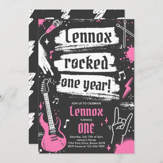 ロックンロールパーティーが1年1歳の誕生日を揺り動かす 招待状 (正面/裏面)
