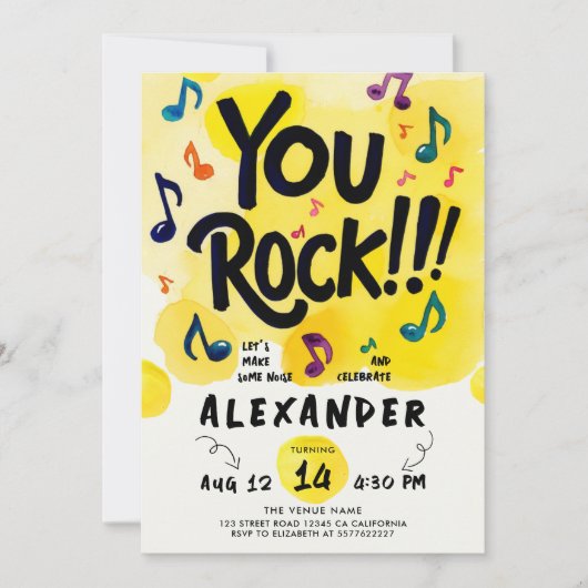 ロックンロールミュージックイエローウォーター色の誕生日パーティー 招待状 (正面)
