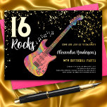 ロックンロール16th誕生日パーティー 箔招待状<br><div class="desc">ロックを愛する女の子のために、ロッククールギター音楽をテーマにした16thバースデーパーティーの招モダン待。黒い背景に金ゴールドグリッターとミュージカルノートイラストと金ゴールド書パーソナライズされた跡タイポグラフィを備えたロックとロモダンールのカラフルエレキギター。この簡単を使用するテンプレートは、16のパーソナライズされたロックスタースタイルに祝対する完璧な招待を作成する。Perfect もし you have a live band or are a guitarist,  ミュージシャン,  music lover.ミュージカルユニーク楽器オリジナルのアートワークby artist Catherine Sweetman</div>