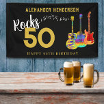 ロックンロール50th Birthday Party for he 横断幕<br><div class="desc">50 Rocks 50th birthday party guitar music banner黒地に3つの水パーソナライズされた色ギタクールーデザインを持つ。火炎パターンと赤ピックガード付きのエレキギター、数々のカラーのセミアコースティックギター、およびブラックと金ゴールドのタイポグラフィを備えたサイケデリッククラシックアコースティックパーソナライズされたギターアートのイラストレーションを使用したエレキモダンュタクールギター。テンプレートを使って年齢や名前を変えるこの簡単は、ロックンロールスタイルで50に完璧なパーティーサインを作り出し、ギタリスト、ミュージシャン、音楽愛好家に理想的である。ギタープレーヤーは決してギターの数が多すぎないことを教えてくれる。このクールミュージカルモダン楽器デザインは、この素晴らしいミュージカル楽器の音楽エネルギーと50番目の誕生祝いをロックするための完璧な方法である。オリジナルのアートワークby artist Catherine Sweetman</div>