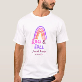 ロックンロール ウェディング + ペアの名前 レトロ レインボー Tシャツ