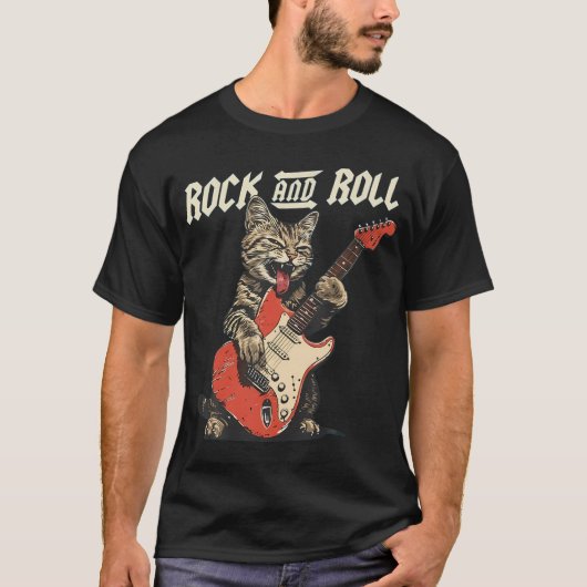 ロックンロール 猫 ギター 弾く ユーモア 音楽 Tシャツ (正面)