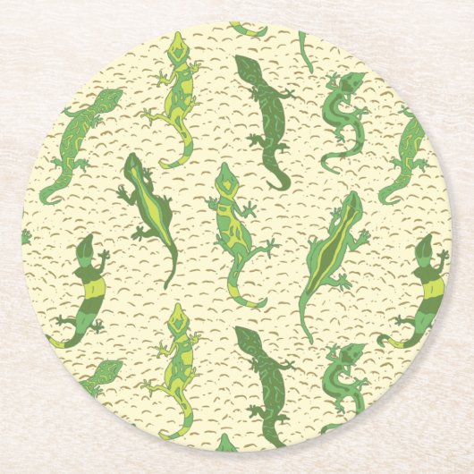 ロック登山のGeckosの黄色 – シームレスなパターン。 ラウンドペーパーコースター (正面)