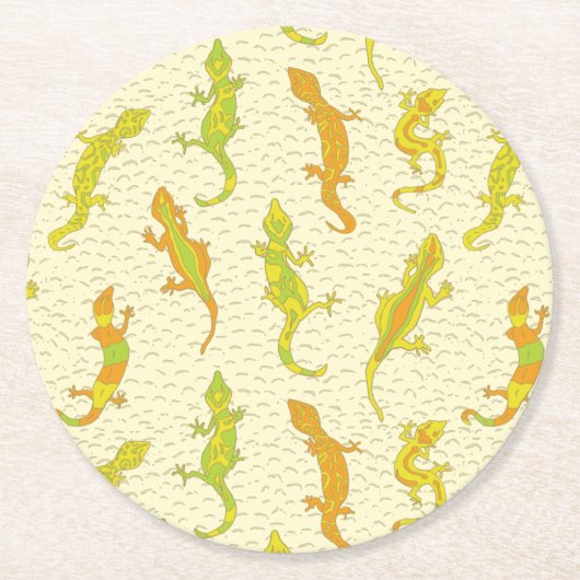 ロック登山のGeckosの黄色 – シームレスなパターン。 ラウンドペーパーコースター (正面)
