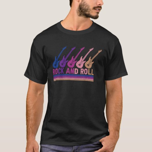 ロック転が数々のカラーのエレクトリックギター Tシャツ (正面)